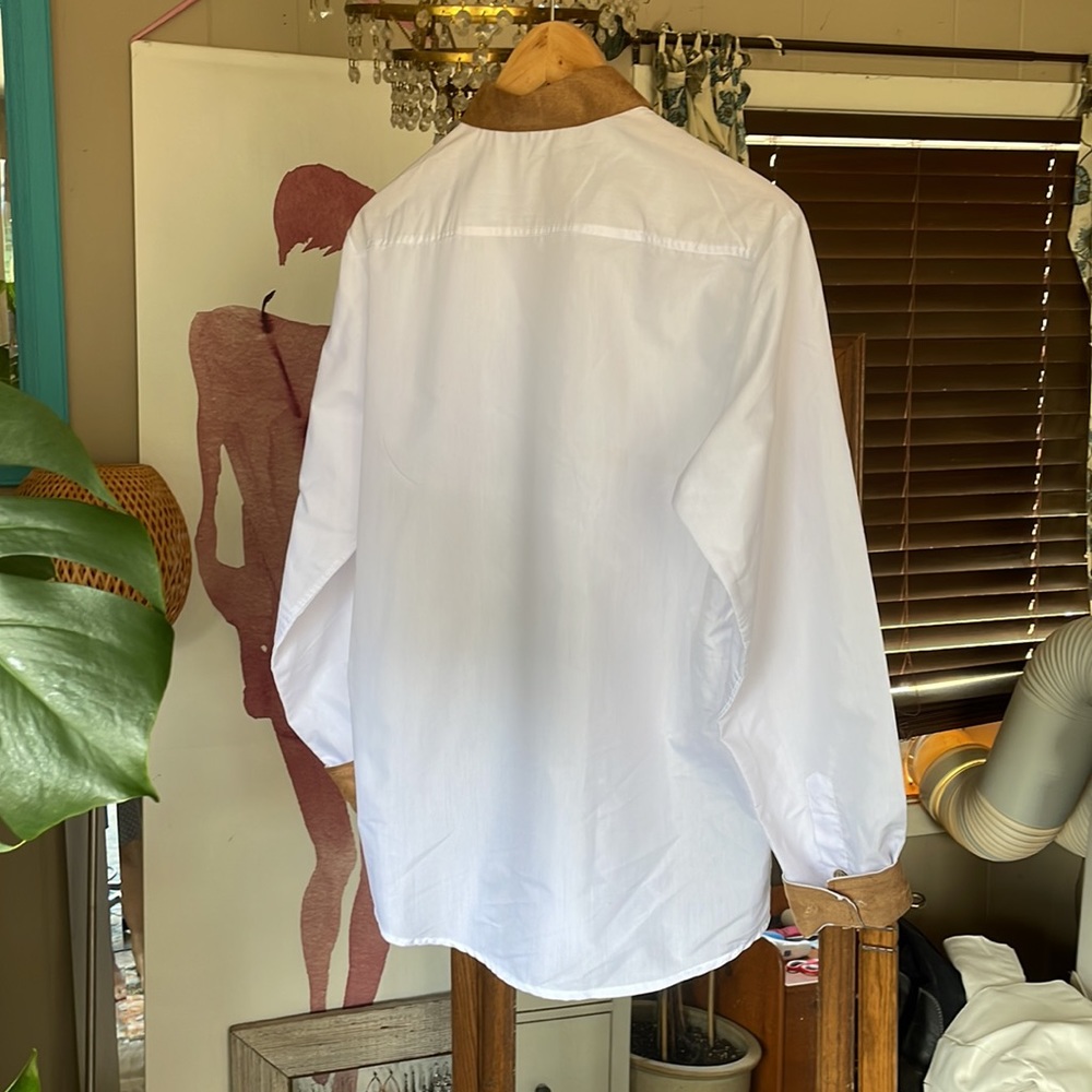 White Button Down With Faux Suede Trim - image 4